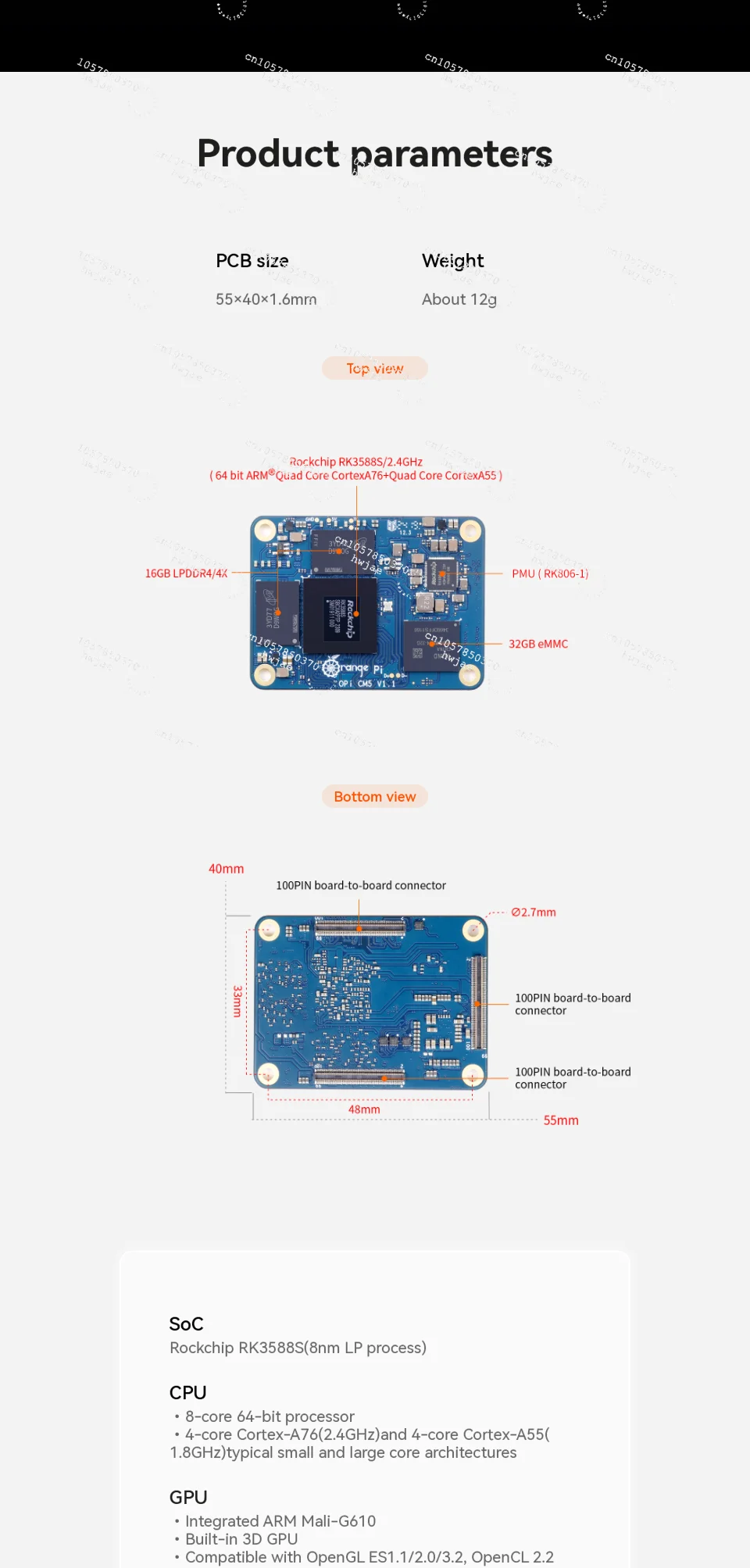 CM5 16GB RAM 32GB EMMC DDR4 Rockchip RK3588S Compute Module 5 WiFi BLE OrangePi CM5 Core Development Board