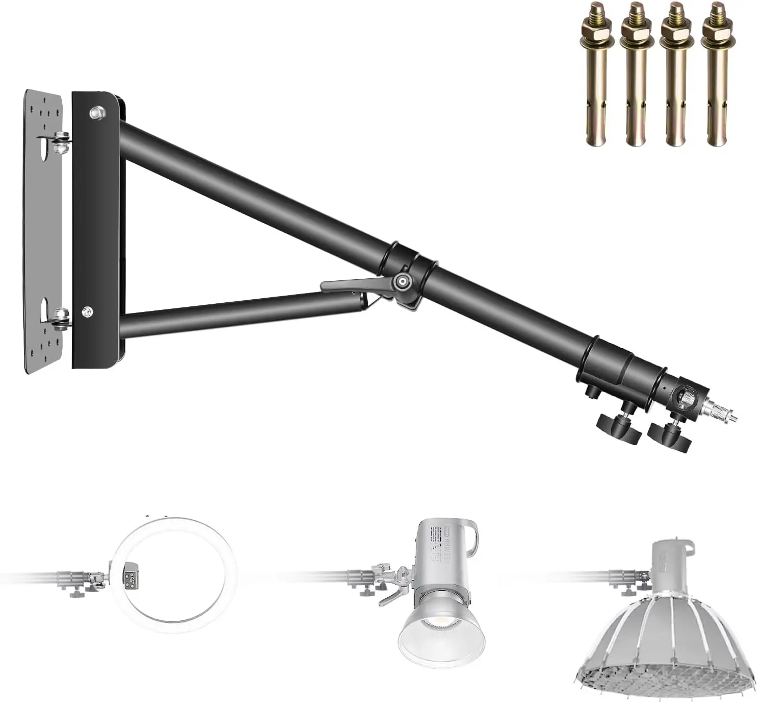 

180-Degree Rotating Wall Mount Arm for Studio Strobe Lights, Softboxes, Umbrellas - Max Length 180 cm, Black