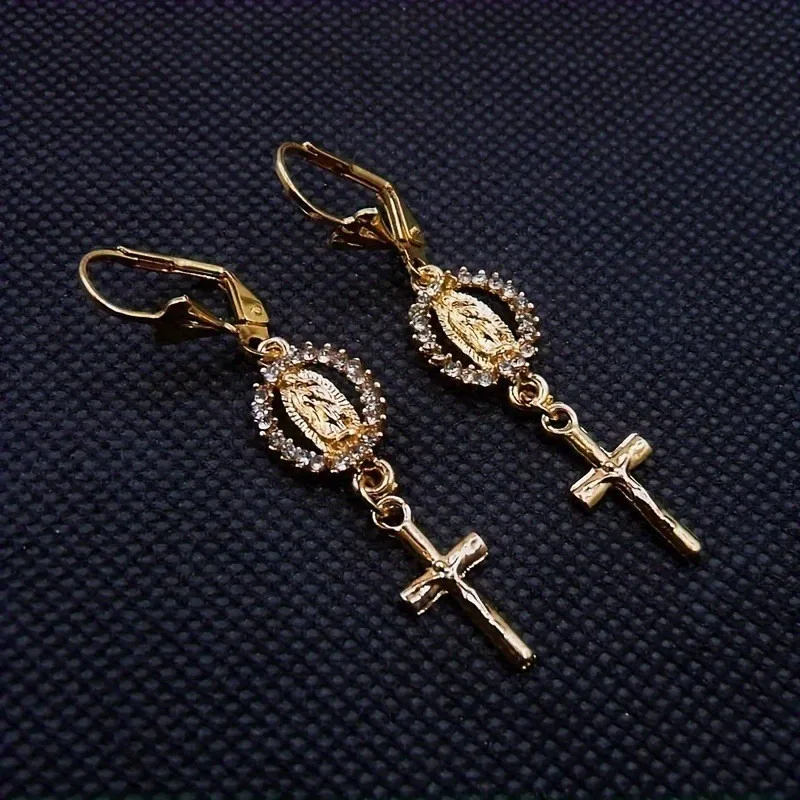 Fashionable and Elegant Imitation Virgin Mary Cross Sparkling Cubic Zirconia Earrings for Women Personalized Banquet Accessories