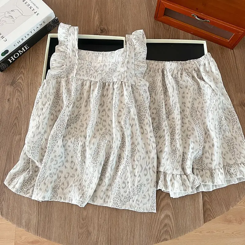Spring Summer Women 2/pce Set Casual Loungewear Girls Sleeveless Lace Vest Shorts Sets Lady Loose Floral Print Indoor Pajama