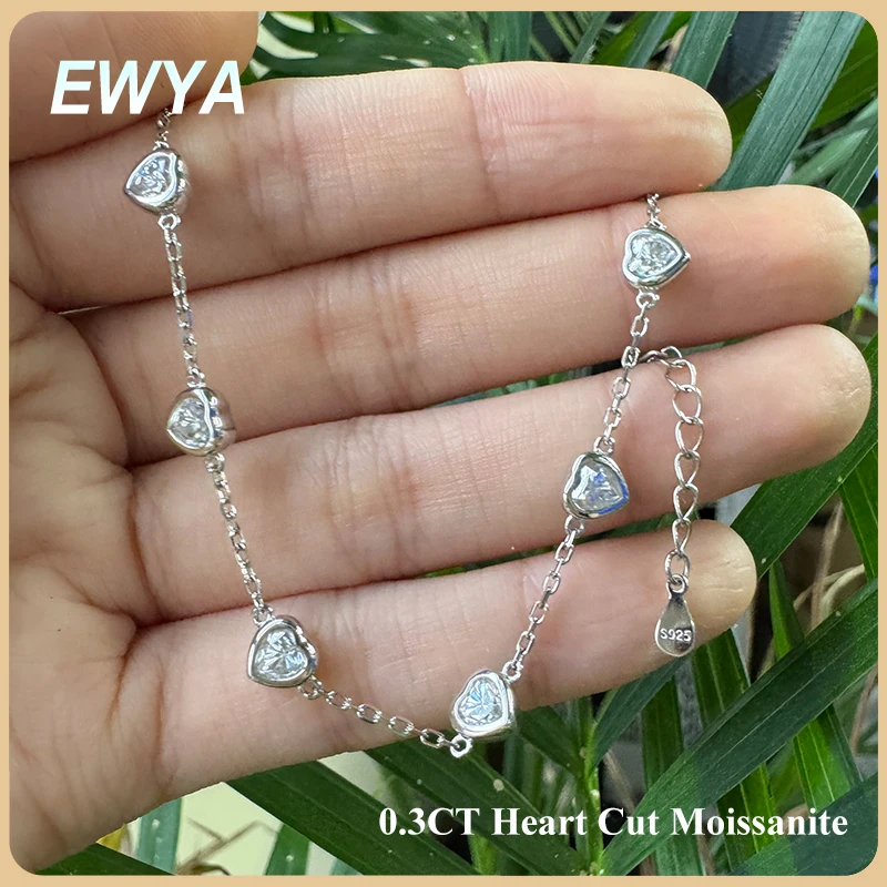 

EWYA Bezel Set 4mm 0.3CT Heart Cut Moissanite Link Bracelet for Women Girls 6-Stone Full Lab Diamond s925 Silver Chain Bracelets