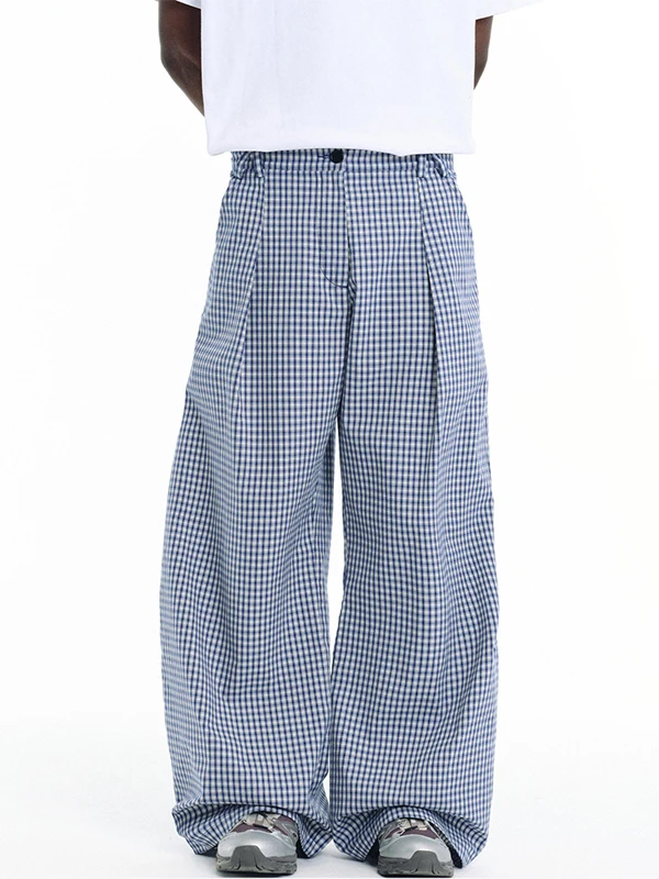 

Американские ретро-брюки с широкими штанинами и А-образным силуэтом, повседневные, свободного кроя, унисекс, модный дизайн, синие в клетку, длинные брюки