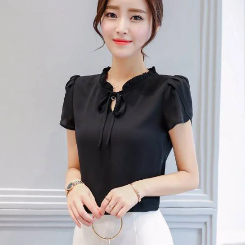 Summer New Elegant Chiffon Plus Size Blouse Short Sleeve Solid Color Simplicity Shirt Tops Office Lady Fashion Women Clothing