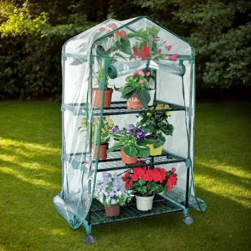 Indoor Greenhouse 3/4 Tiers Backyard Greenhouse with Locking Wheels Grow Tent with Zippered Cover Steel Plant Shelves Outdoor