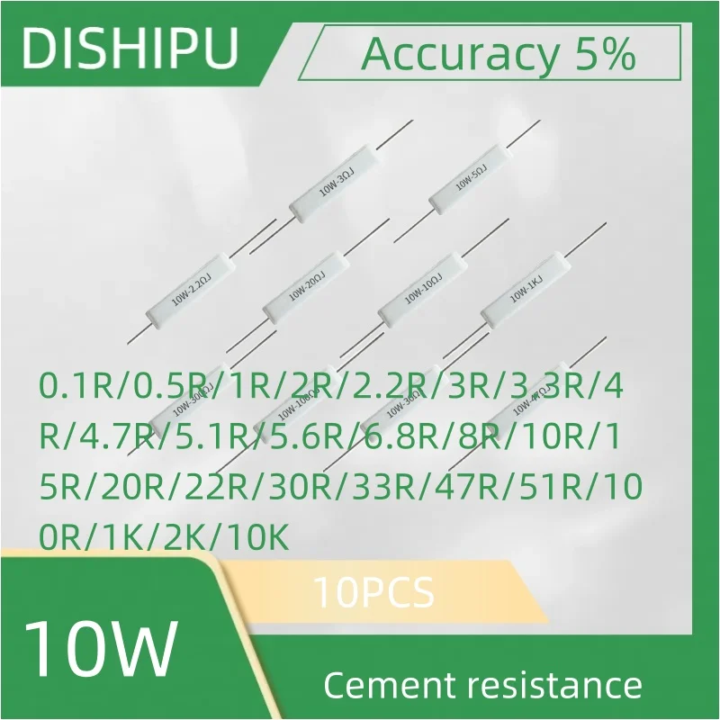 10 buah resistor semen 10W 0,1r, 0,5 R,1R,2R, 2,2 R,3R, 3,3r, 4R, 4,7r, 5,1r, 5,6r, 6,8r, 8R,10R,15R,20R,22R,30R,33R,47R,51R,100R,1K,2K,10K