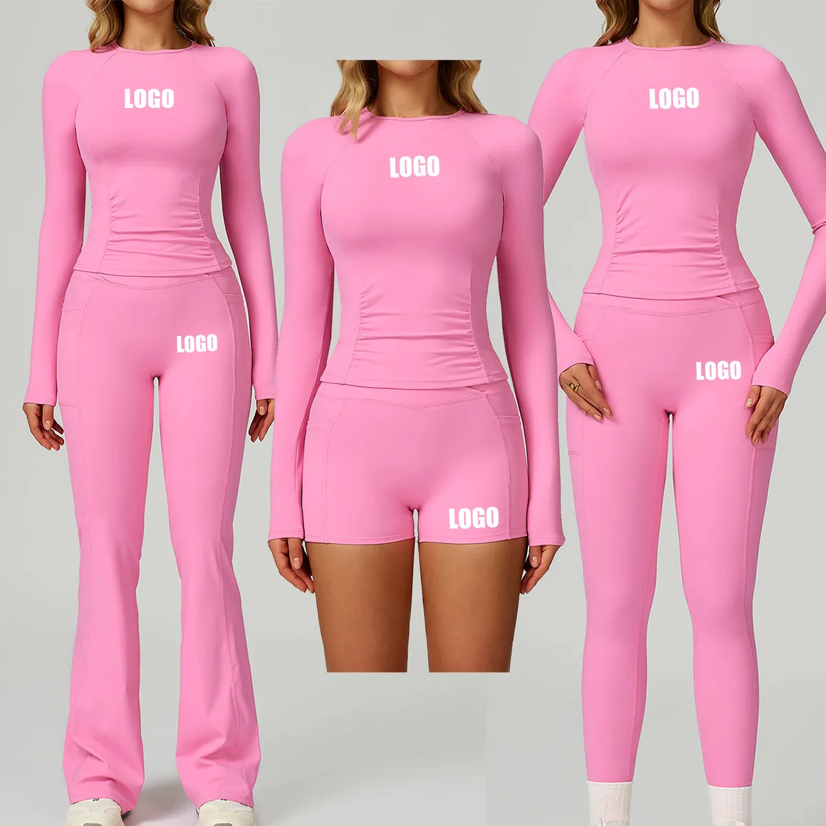 

Custom LOGO Women's Naked Yoga Long Sleeve Slim High Waist Tight Running Fitness Cycling Sports Two-piece Set
