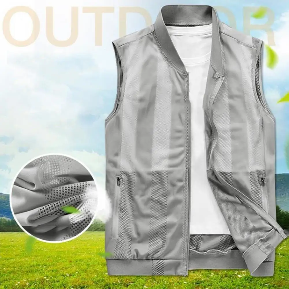 Men Summer Mesh Vest Quick-Dry Breathable Multi-Pocket Outdoor Fishing Hiking Sleeveless Jacket with Zipper Pockets