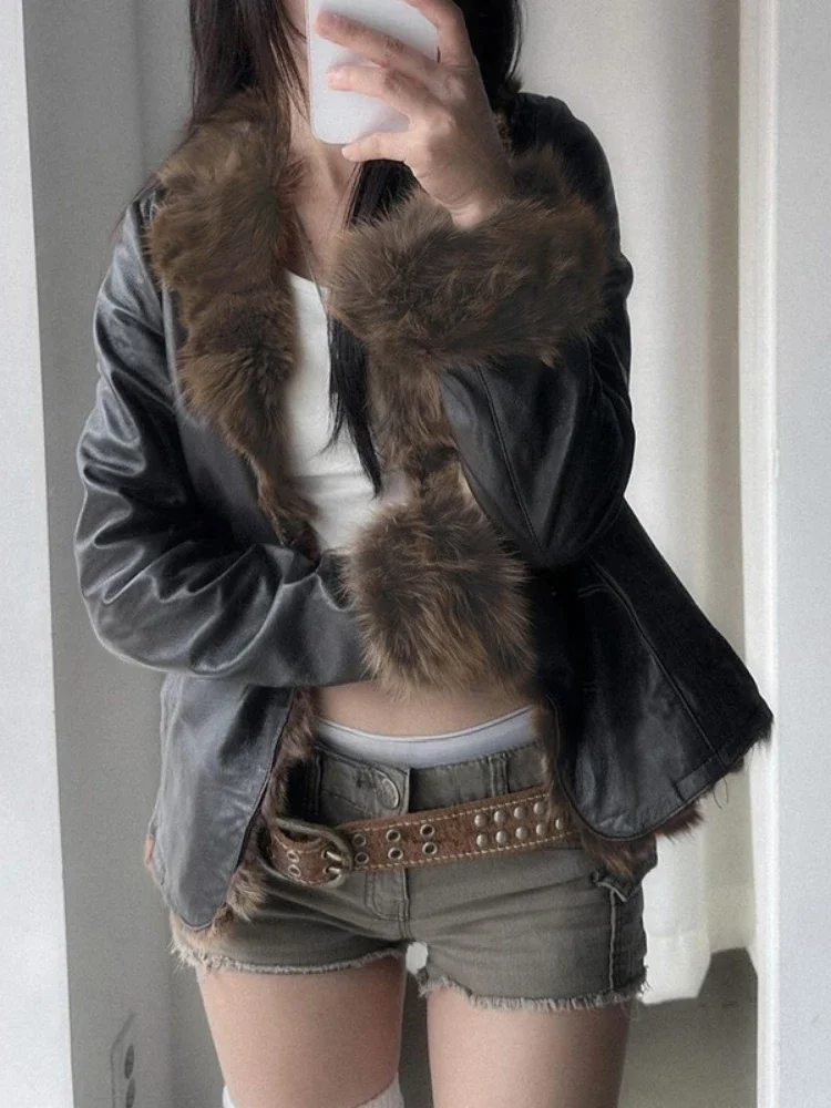 Veste en PU noire esthétique Y2K, manteau vintage à un bouton, streetwear patchwork, coupe couvertes, fourrure grunge, Harajuku, hiver, sexy, 2025