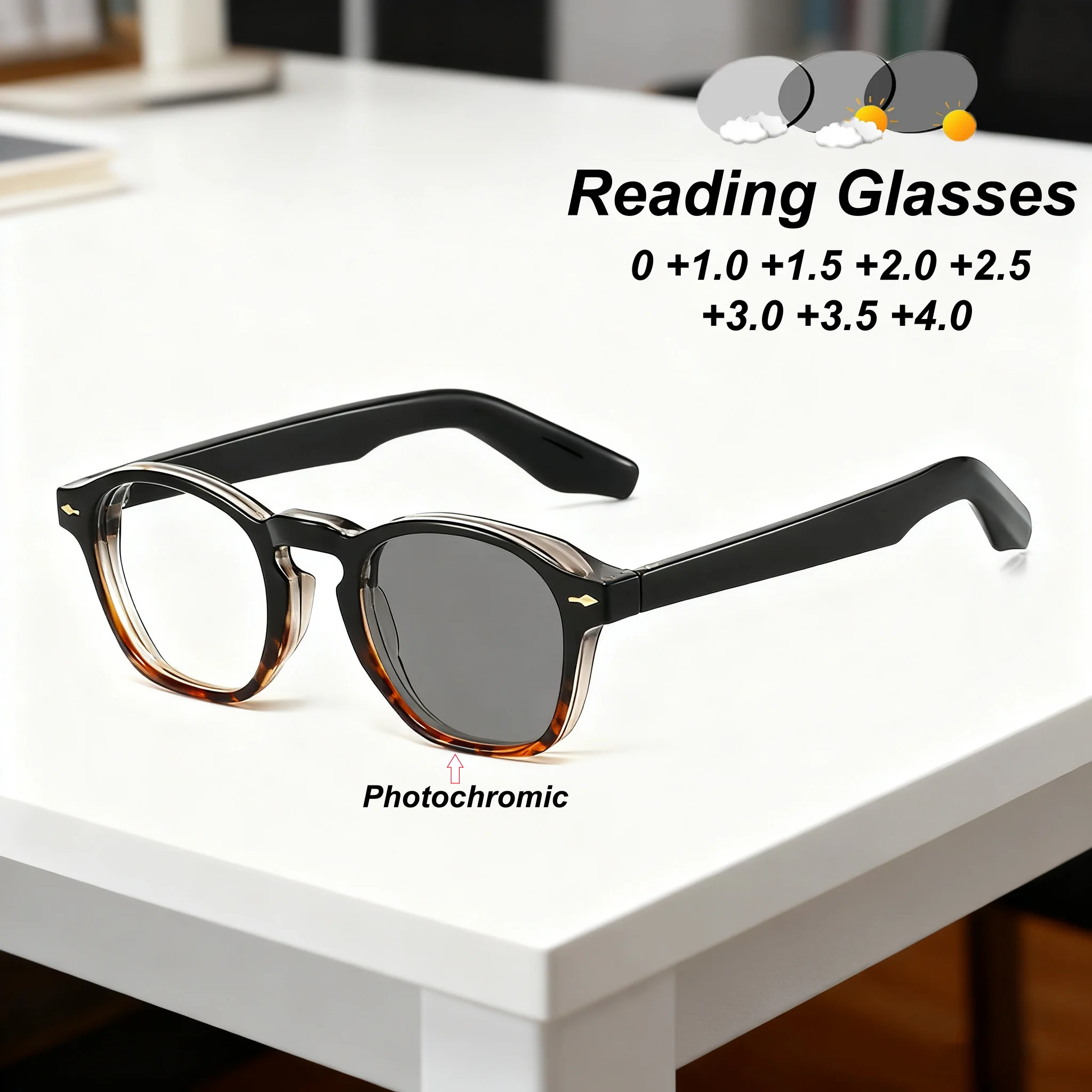 

2025 New Fashionable Square Frame Photochromic Women's Reading Glasses Outdoor Neutral High Quality Anti Blue Light Glasses