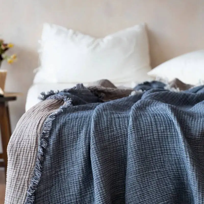 

summer 4 Layer Sofa Cover Tassels Blanket Cotton Blanket Bed Plain Pattern Nap For Office Decoration
