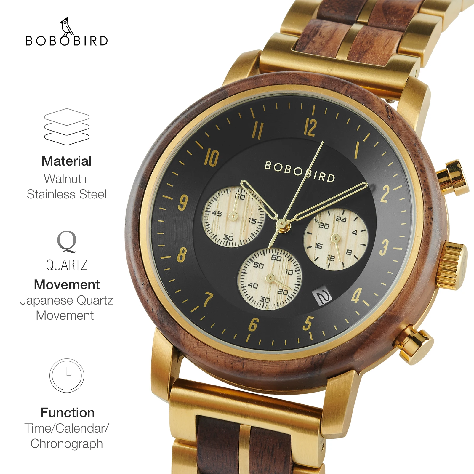 Top Luxury Men\'s Wooden Watch BOBO BIRD Japanese Movement New Quartz Wristwatch Golden Chronograph Watch Military Timepieces