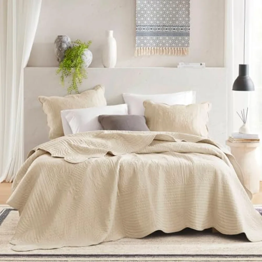 

Комплект покрывал King Quilt Set Damask для кровати размера King, увеличенный комплект покрывал Cottage с фестончатым краем, всесезонный, предварительно стираный, с хлопковым наполнителем