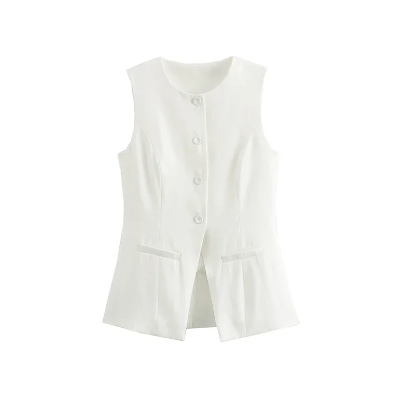 Gilet con decorazione bottoni alla moda per donna Gilet estivo senza maniche con scollo a O Capispalla femminile casual Top chic