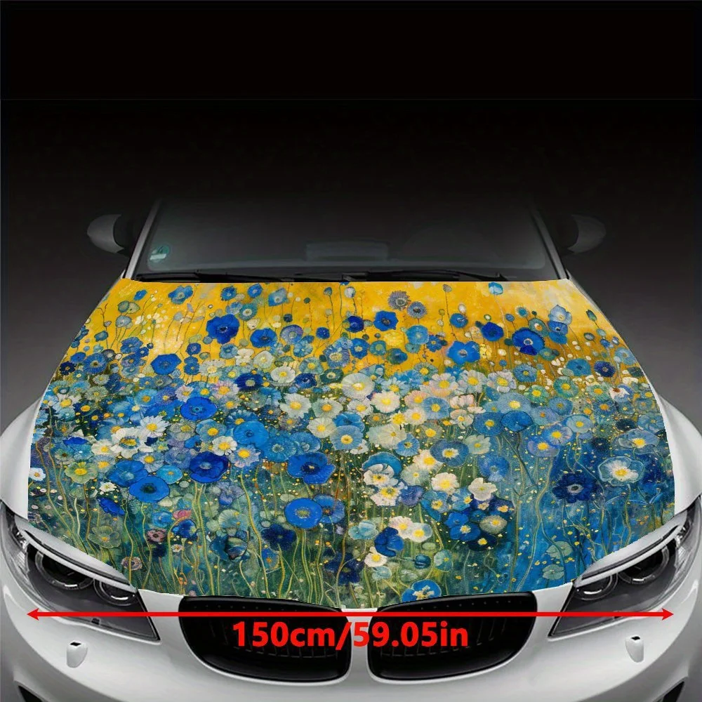 Fantasy Flower Meadow Charm, Blue and Yellow Color Scheme, Flower Meadow Theme Car Vinyl Wraps, Vinyl Car Hood Graphics Decal, ,