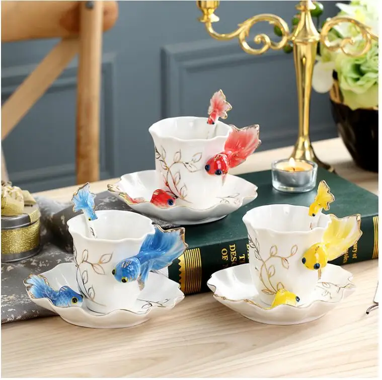 Luxury Ceramic Goldfish Coffee Cup Saucer Spoon Set Accessories Home Livingroom Ornaments Crafts Table Milk Tea Decoration