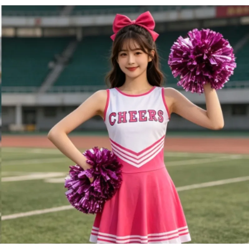 Cheerleading Dance Costume Set for Women 4Pcs Uniform with Bow Tie Hair Accessory & Pom Poms Stage Performance