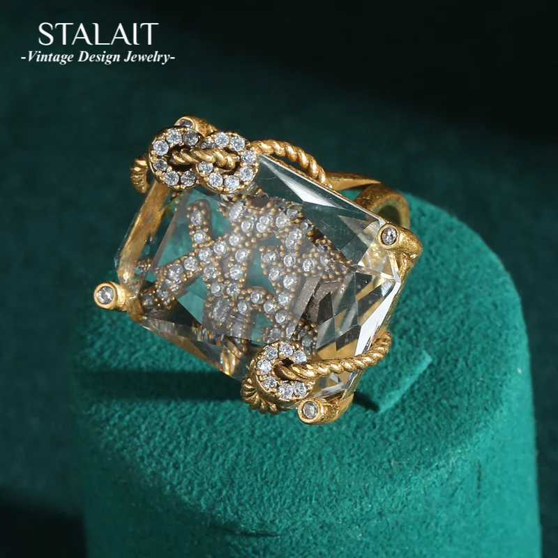 

Vintage Luxury 18K Gold-Plated Natural Crystal Claw-Set Decorative Ring for Women - Fashionable Personal Gift