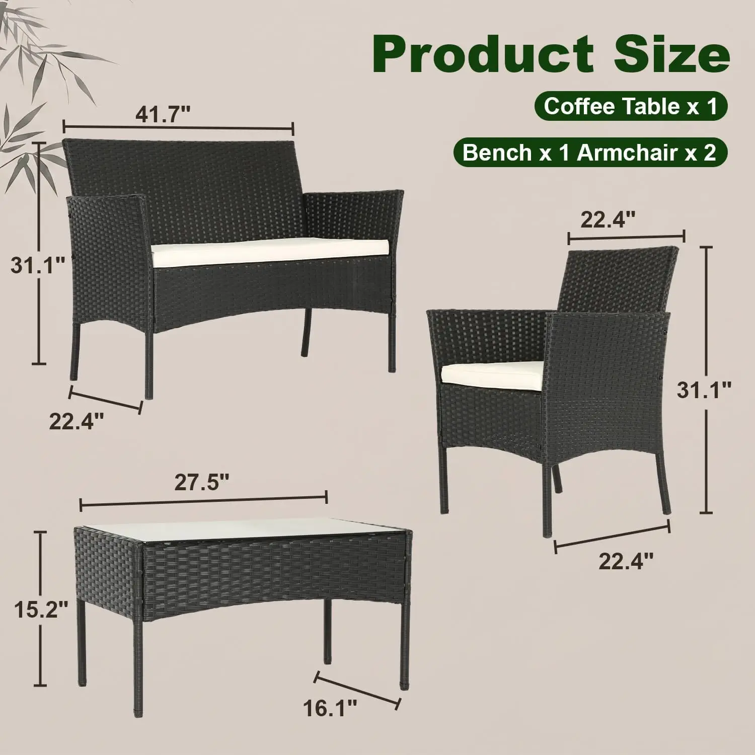 Black weather-resistant 4-piece modern rattan wicker outdoor seating set with glass coffee table, multi-person conversation furniture for porch, garden and lawn daily rest