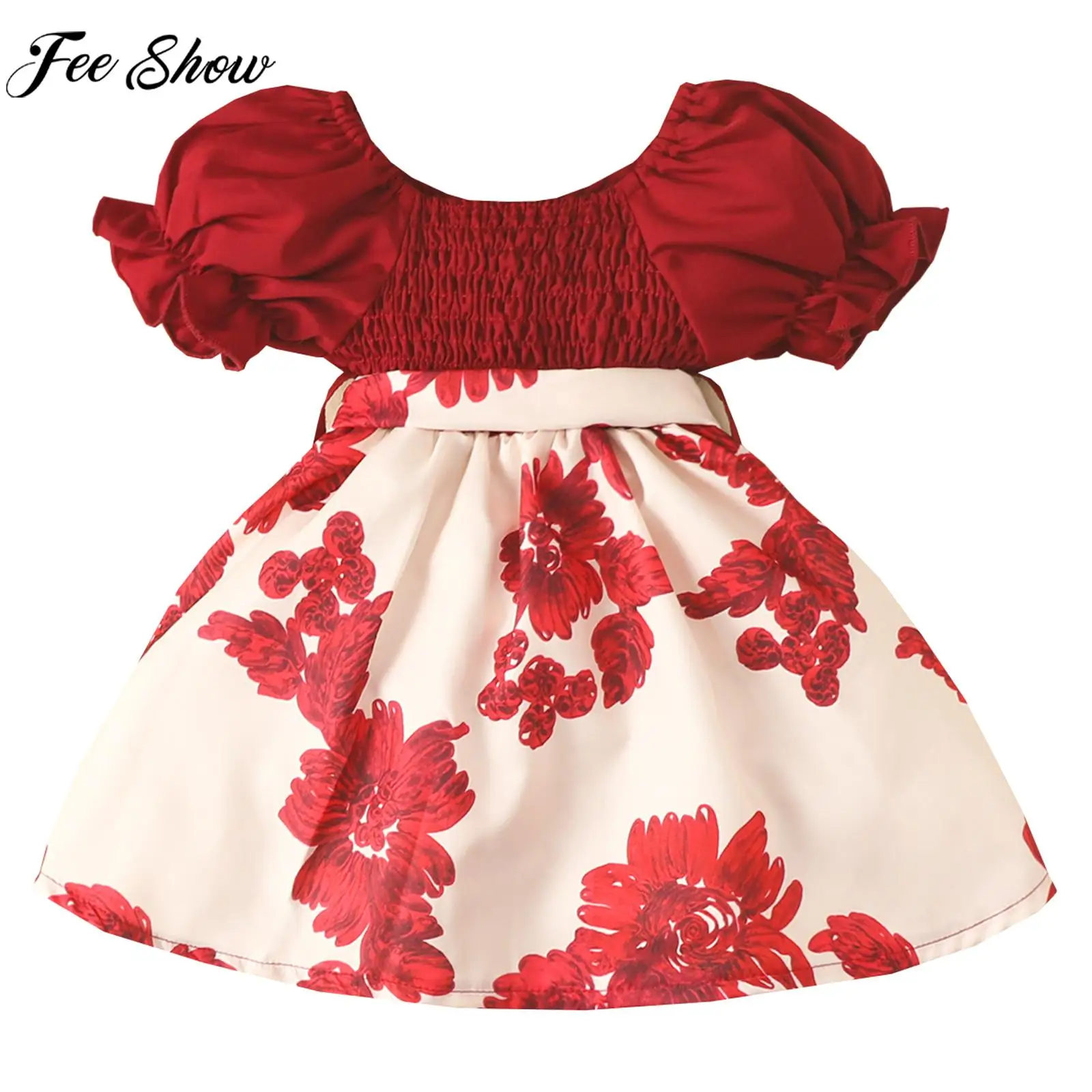 

Little Girls Casual Preppy Style Princess Dress Short Sleeve Ruched Floral Print Dresses Photo Shoot Wedding Birthday Party Tutu