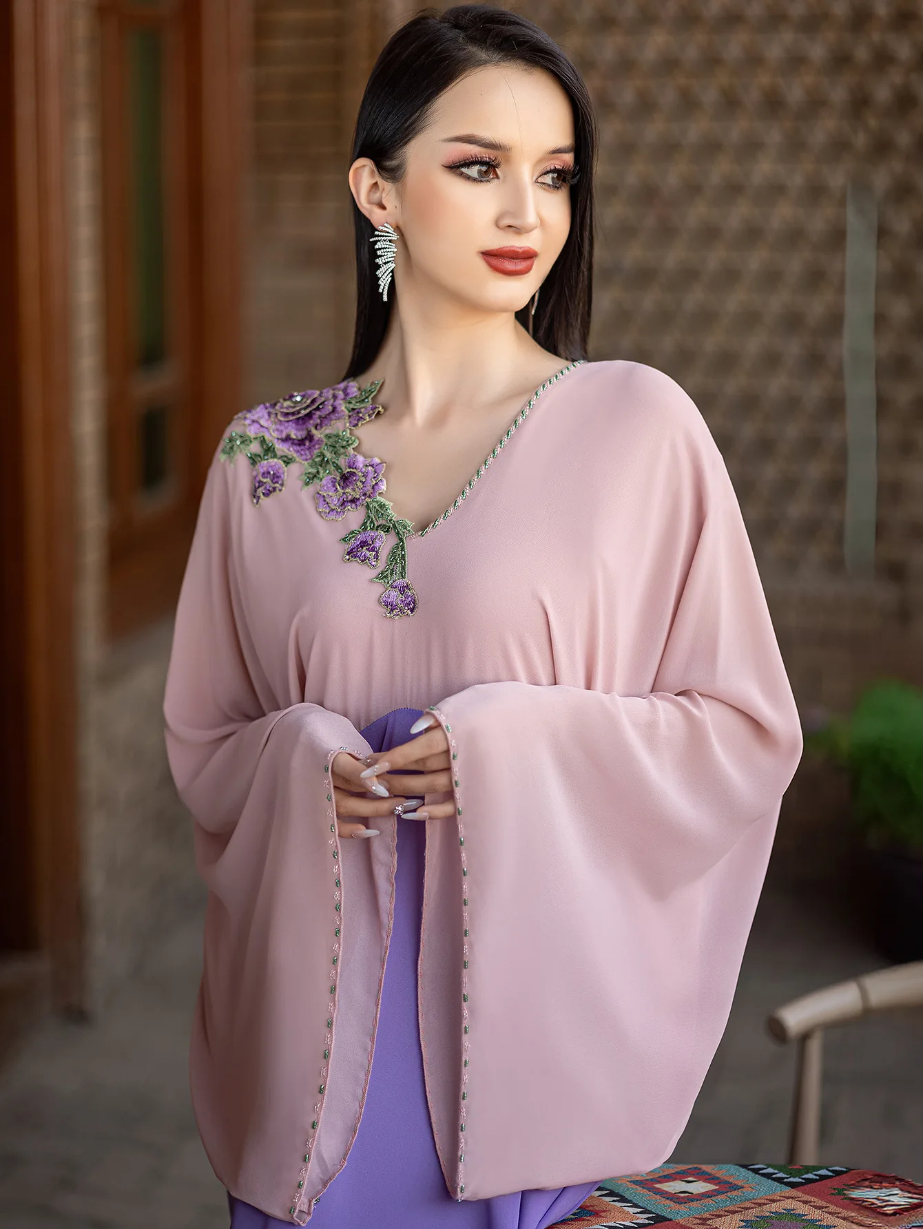 

Eid Women Dress Abaya Embroidery Caftan Muslim V Neck Chiffon Party Robe Jalabiya Ramadan Morocco Kaftan 2025 Vestidos Largos