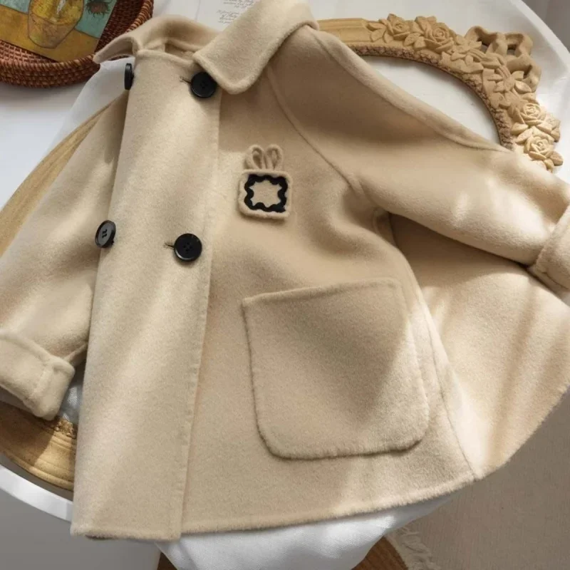 Girls Woolen Coat Overcoat Jacket Windbreak Outerwear 2024 Khaki Thicken Winter Warm Snowsuits Christmas Gift Children's Clothin