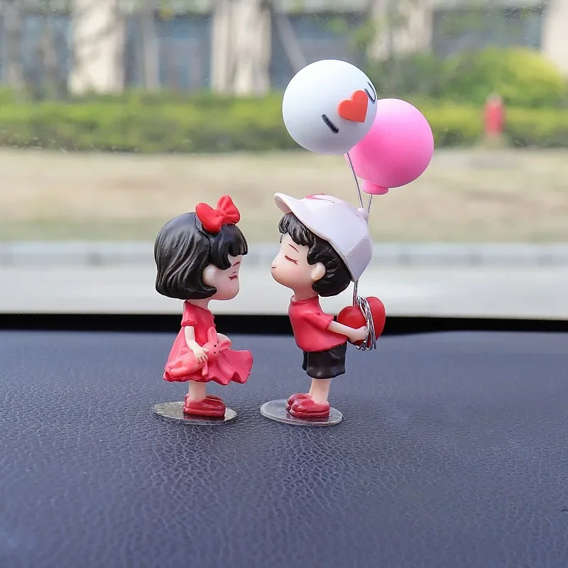 Anime Couples Car Ornament - Cute Pink Kiss Balloon Figure Auto Interior Decoration Dashboard Figurine Accessory for Gifts