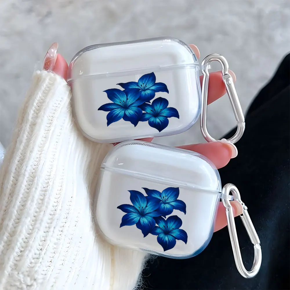 

Elegant Blue Lily Pattern Clear Earphone Case for AirPods Pro 2/Pro 3/Pro Earbuds Case For AirPods 1/2/3/4 TPU Protective Cover