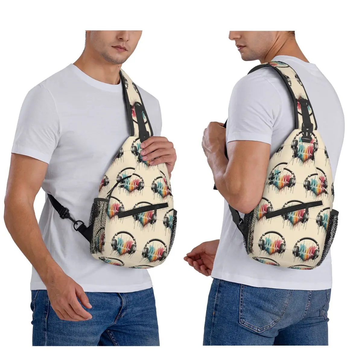 Heart Shaped Music Note With Headphones Chest Bag Men Sling Crossbody Backpack Chest Bag Travel Hiking Daypack Shoulder Bag