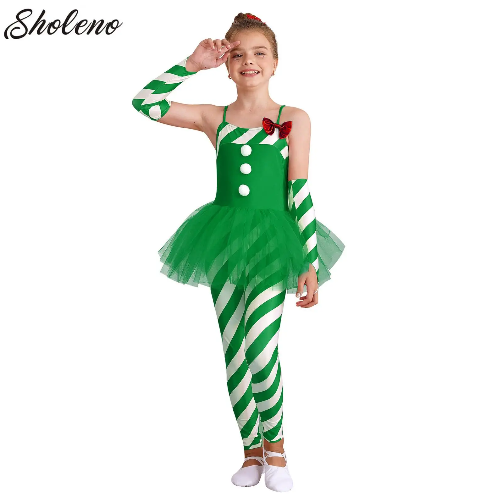 

Kids Girls Christmas Elf Cosplay Tutu Skirted Jumpsuit Candy Cane One Piece Bodysuit with Arm Sleeves Set for Stage Performance