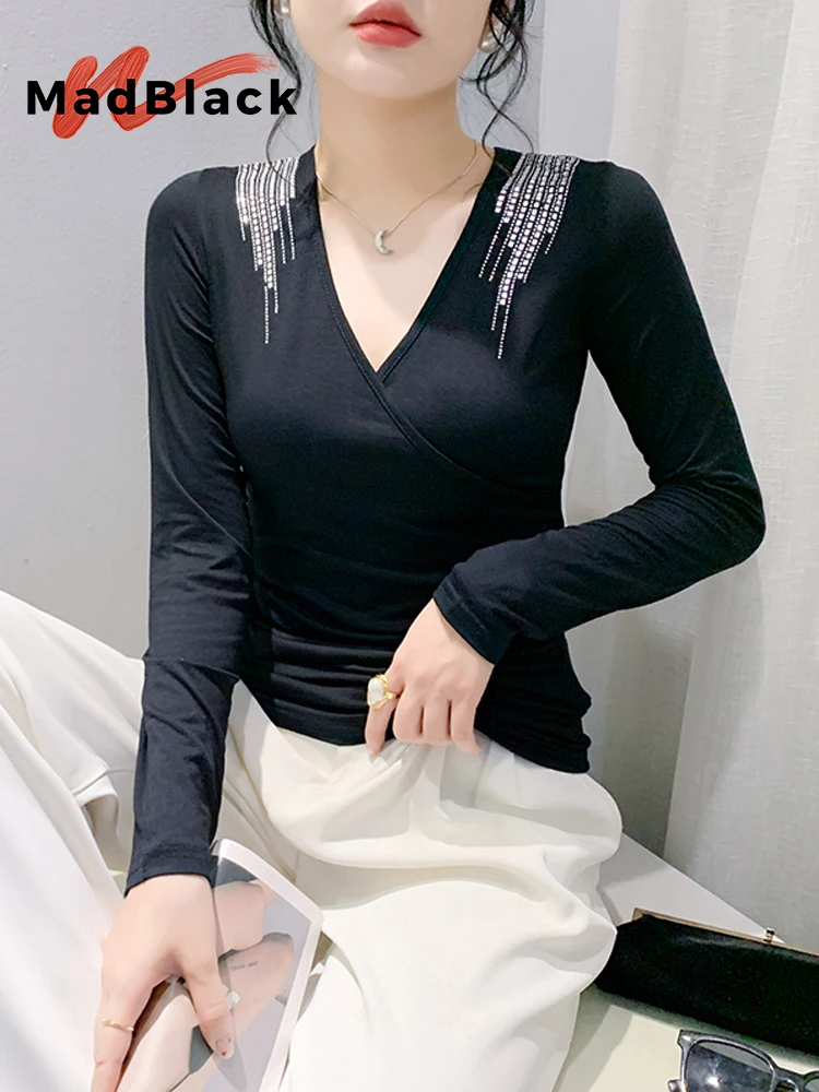 

MadBlack-Women's European T-Shirt, Sexy V Neck Hot Diamonds Solid, Streetwear Long Sleeve Slim M-3XL Tee, 2025 Spring T52509CC