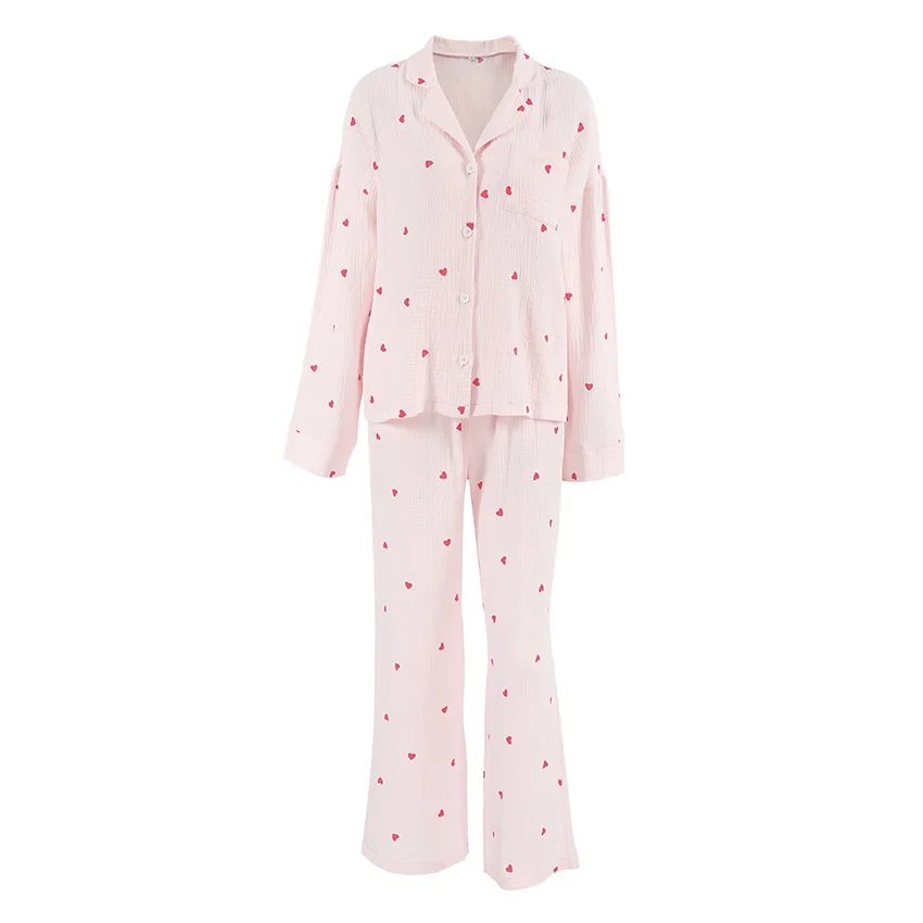 Summer Love Heart Print Pyjama Long-sleeved Pants Set 100% Cotton 2Pcs Outfit Sleepwear Button Down Women\'s Pajamas Nightwear