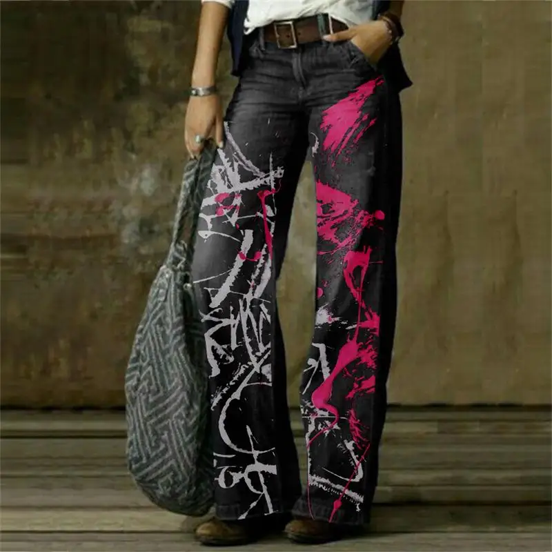 2024 Autumn New European and American Street Fashion Personalized Flower Pattern Printed Wash Straight leg Jeans