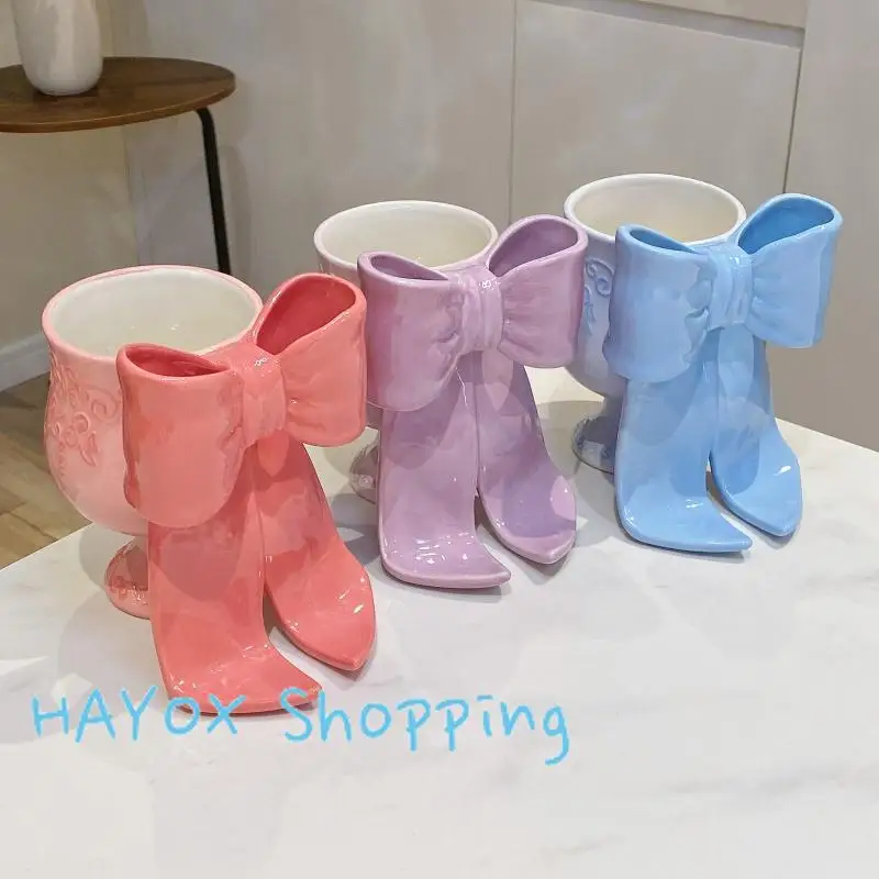 كوب كبير على شكل فيونكة عالية القدم، كوب سيراميك ملون تحت التزجيج، كؤوس إبداعية للحلوى الآيس كريم، كوب قهوة حليب الإفطار المنزلي #4