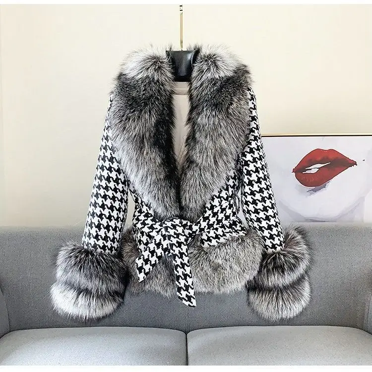 Autumn Winter Tweed Coat Woman Checkered Pattern Belted Faux Fur Coat Luxury Short Fur Trim Jacket Fur Coats For Woman