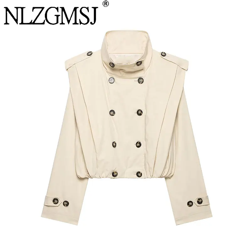 NLZGMSJ 2026 Spring Autumn Casual Chic Women Double-breasted Jackets Solid Pleated Long Sleeve Coats New Fashion Jacket Outwear