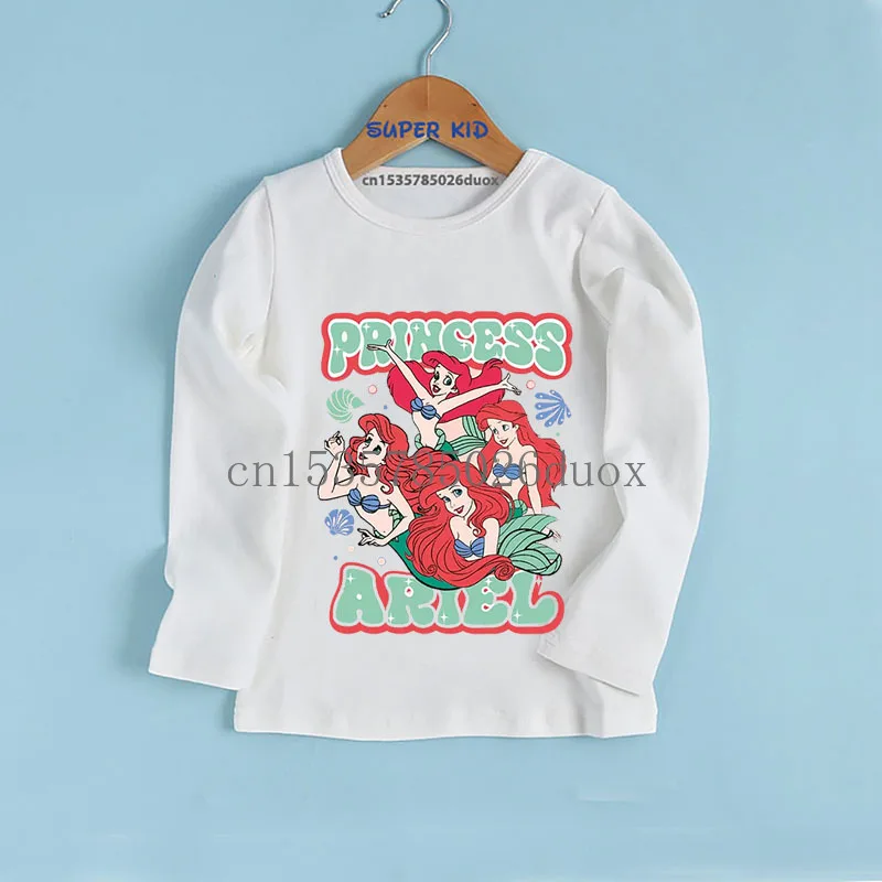 خريف 2025 ديزني المائية الأميرة فتاة طويلة الأكمام تي شيرت سندريلا إلسا حسناء ارييل أورورا Kawaii فتاة قاع الملابس #3