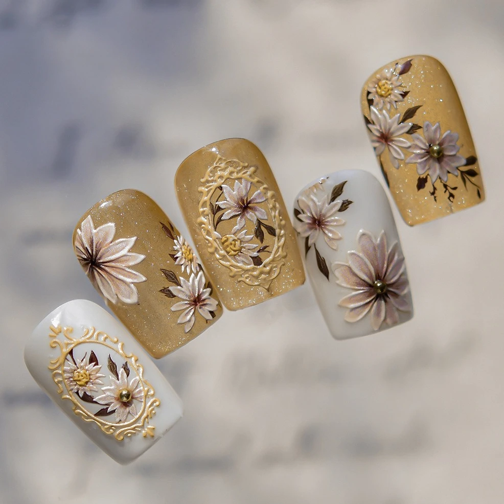 부드러운 꽃잎 데이지 빈티지 사진 액자 꽃 로맨틱 국화 금색 구슬 DIY 네일 아트 스티커 장식 매니큐어 데칼