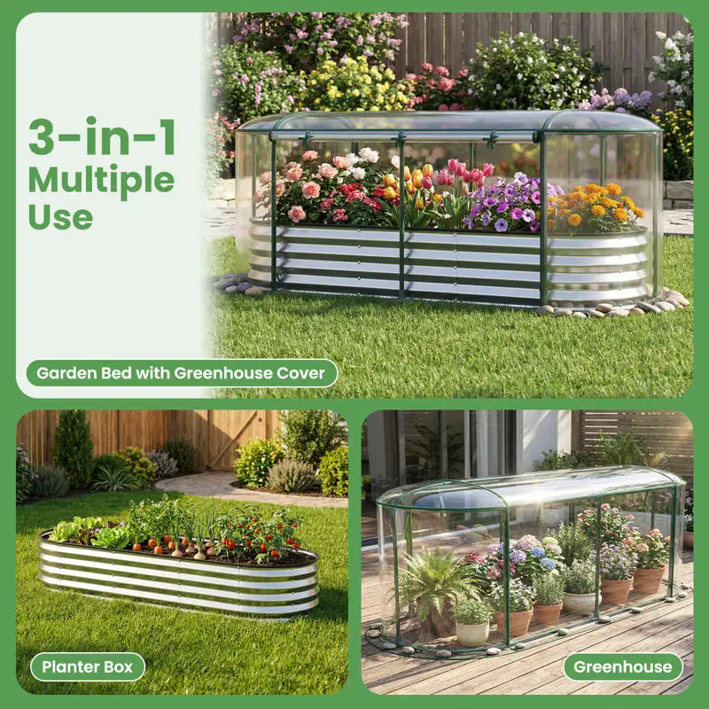 

Outdoor Color Steel Raised Garden Bed with Greenhouse Cover Roll-up Window-Silver