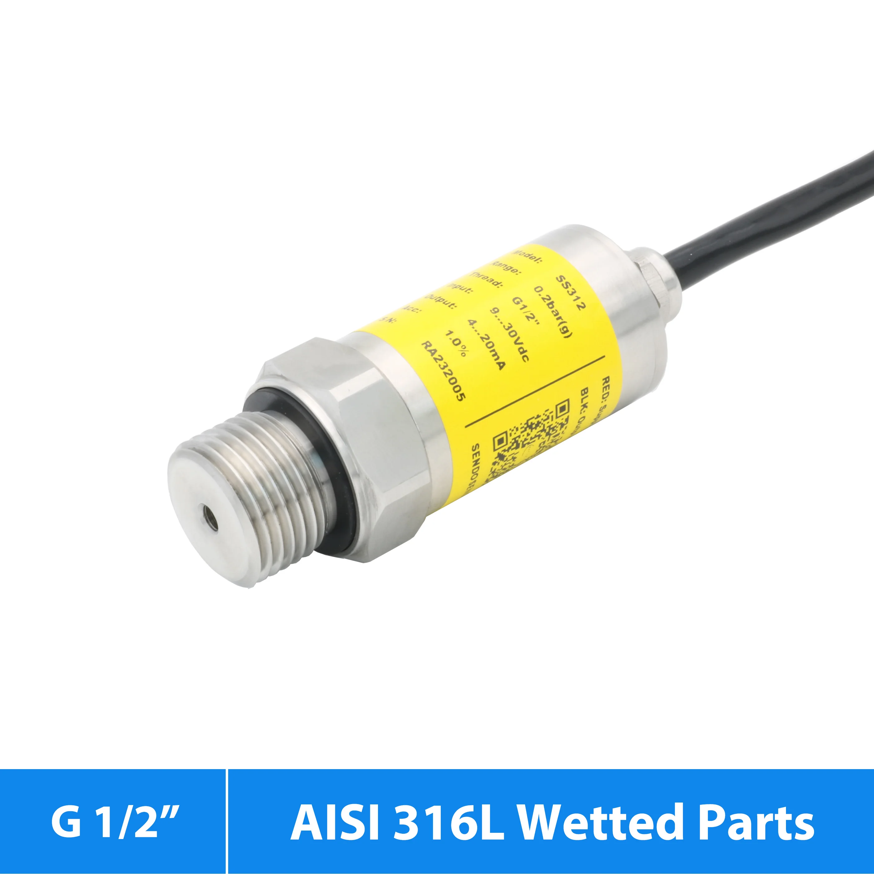 

Pressure sensor transmitter 4 20mA 0.5 4.5V 0 5V 0 10V G1/2" 15cm cable outlet AISI 316L wetted parts and diaphragm IP65 10bar g