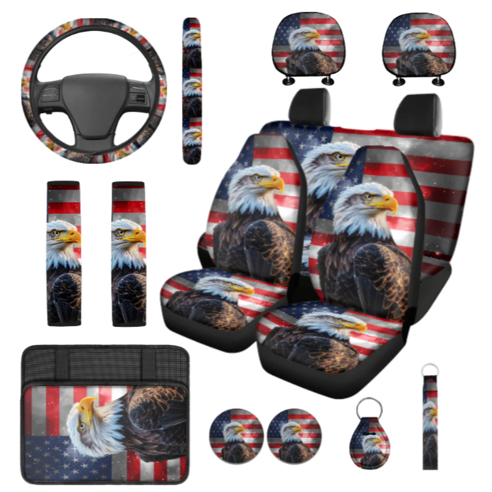 Coloranimal Eagle USA Stars 14 Pieces Cars Seat Covers Sets with Comfortable Water Cup Coaster and Key Fob for Car Interior