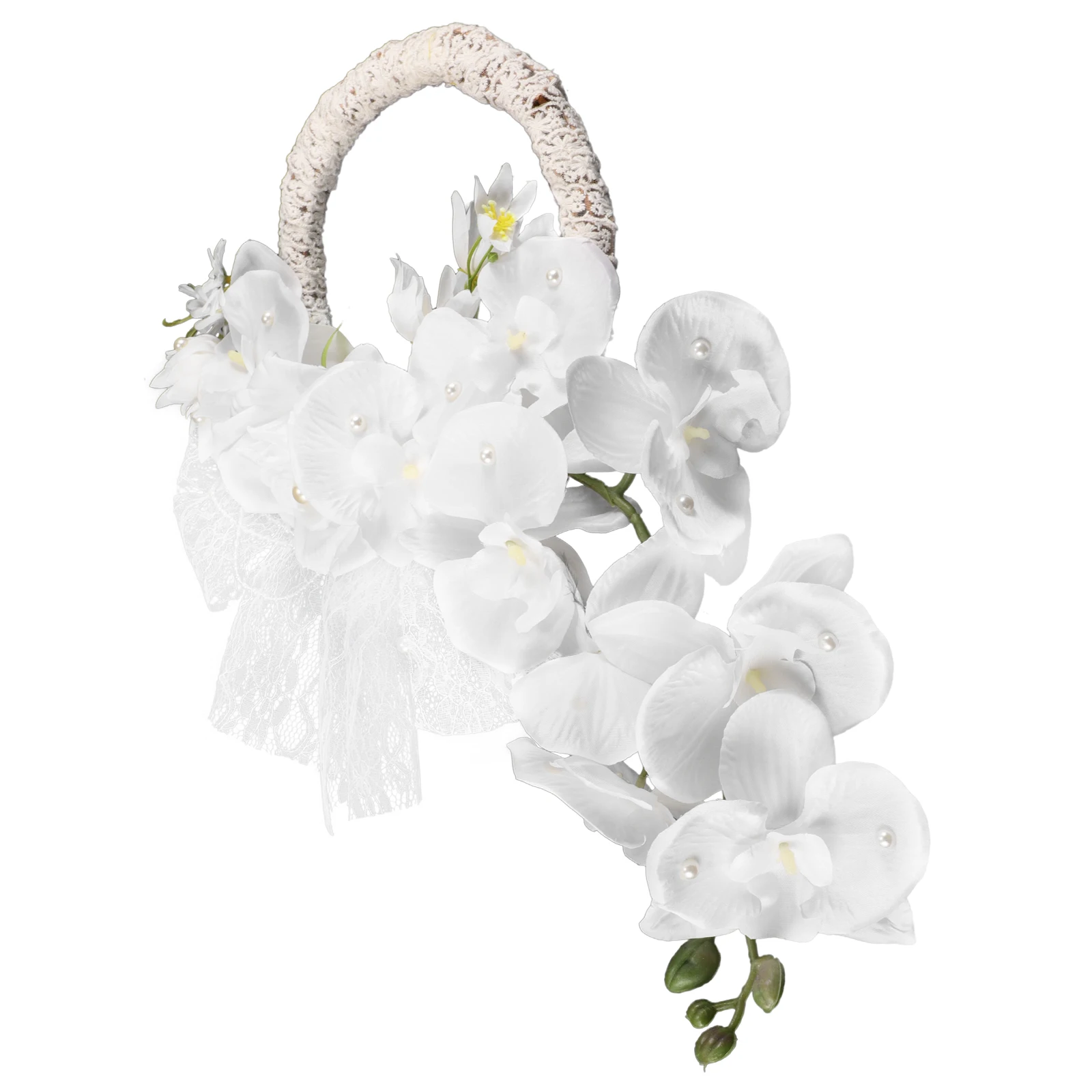 

Romantic Bride Wedding Artificial Phalaenopsis Flower Hand Wreath Lightweight Handheld Photo Prop Garland for Wedding Party
