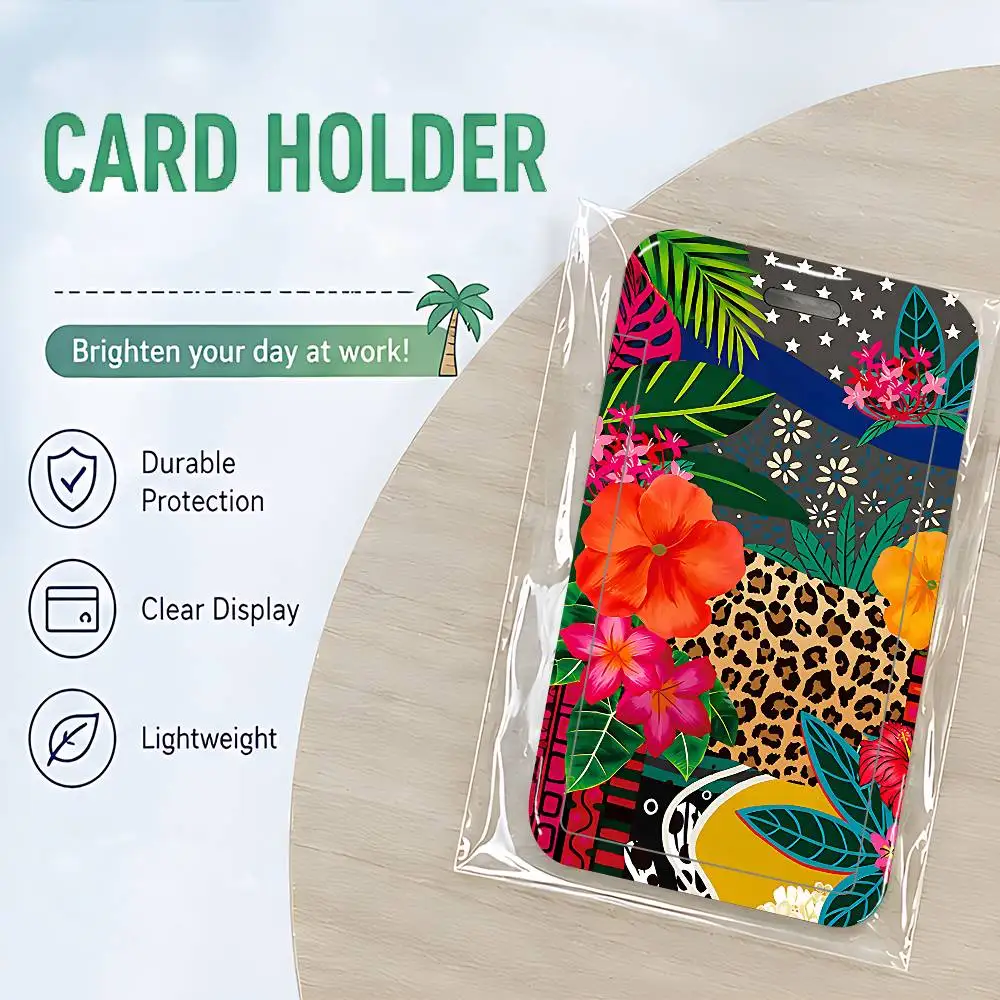 Leopard Print Flowers Clear ID Card Holder Lanyard Neck Strap Badge Case Door Credit Card Protector Daily Gift