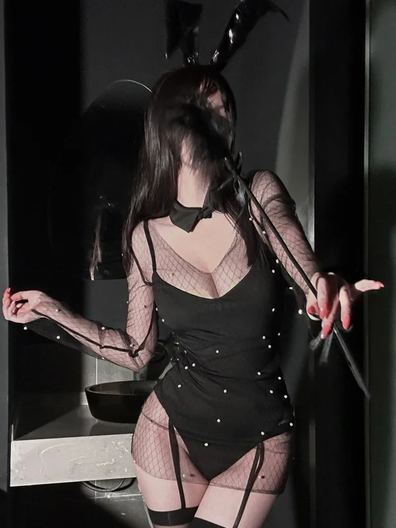 New Sexy Playful Bodysuits Elegant Pearl Mesh Backless Deep V Suspenders Sleeveless Mesh Bodysuits Pure Desire Charming X0KR