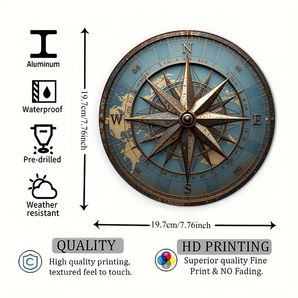 1pc Vintage Compass Wall Art - Vintage Nautical Round Aluminum Sign Suitable Christmas Gifts, Office & Maritime Themed Spaces,