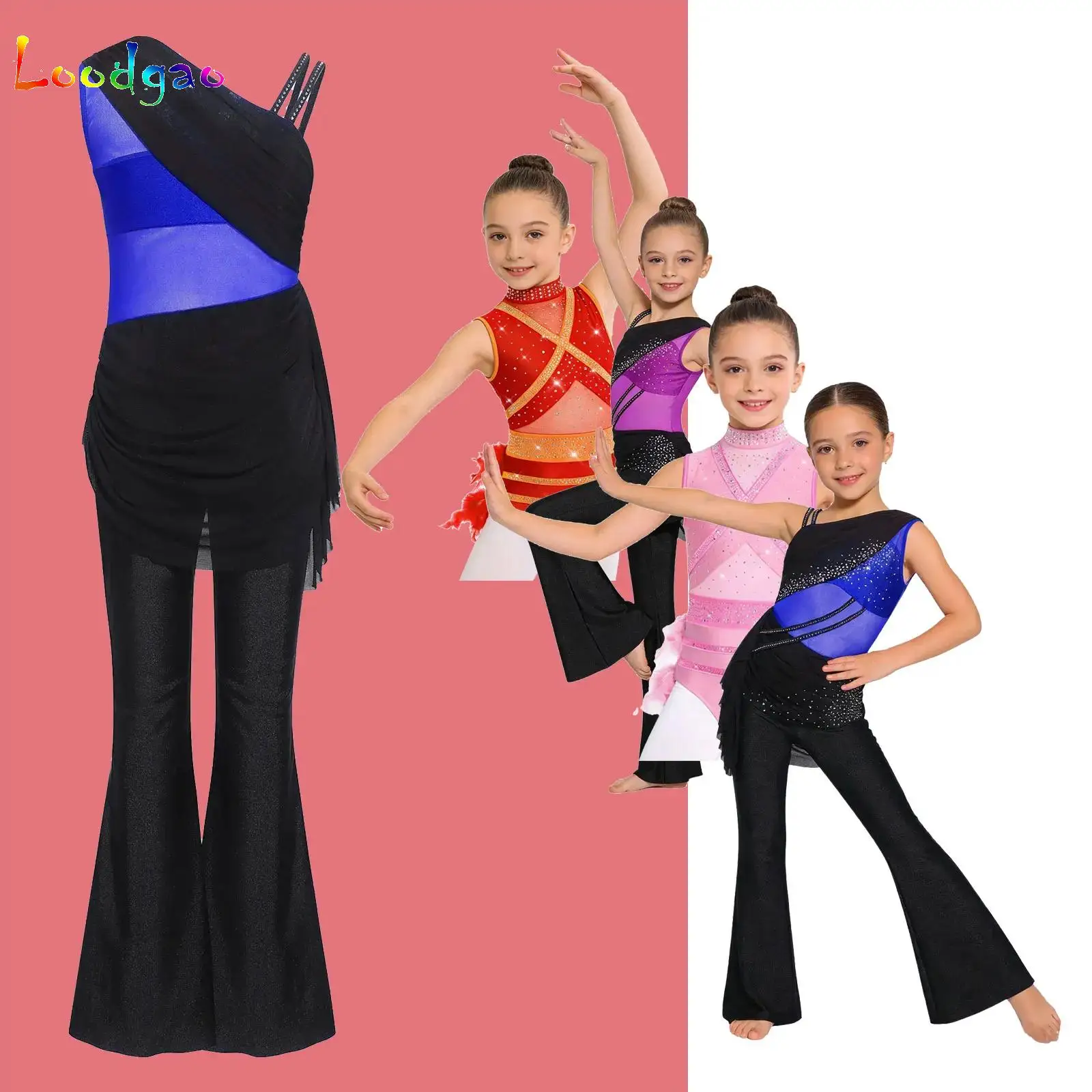 Kid Girls Feather Ballet Gymnastics Leotard Color Block Figure Skating Bodysuit Lyrical Dance Mesh Glittery Rhinestones Jumpsuit