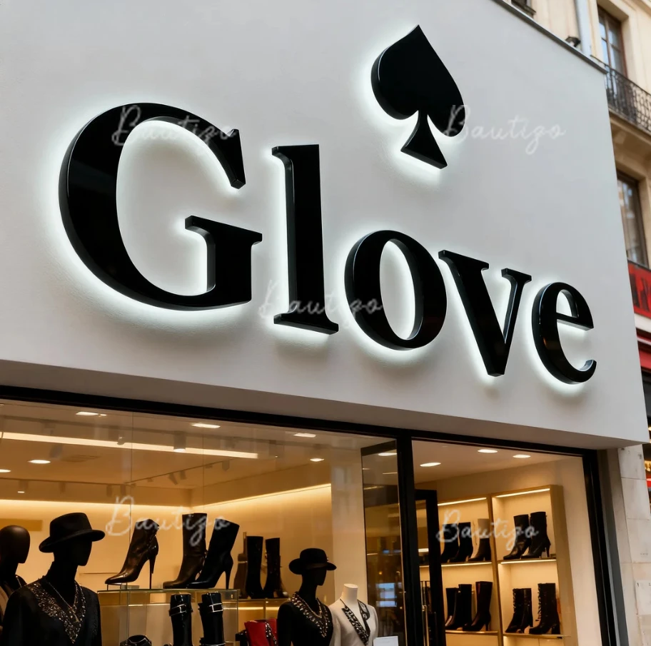 Panneau de magasin de gants, Logo personnalisé, lettres de canal LED, réception en métal rétroéclairé, publicité 3D, lettres d'affaires personnalisées, panneau néon