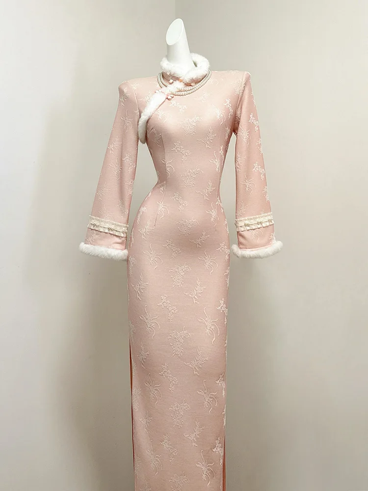 

Pink Velvet Winter Wedding Dr Traditional Chinese Design Thiened Fce Warm Slimming Waist Ele Long Sve