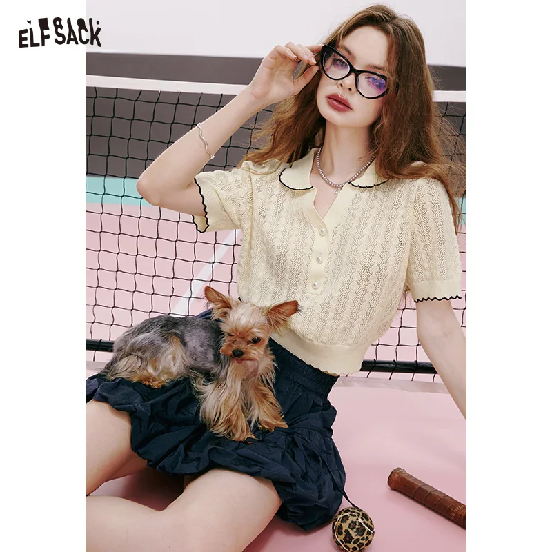 ELFSACK 2024 summer new arrival French style doll collar hollowed-out age-reducing casual gentle slimming sweater for women