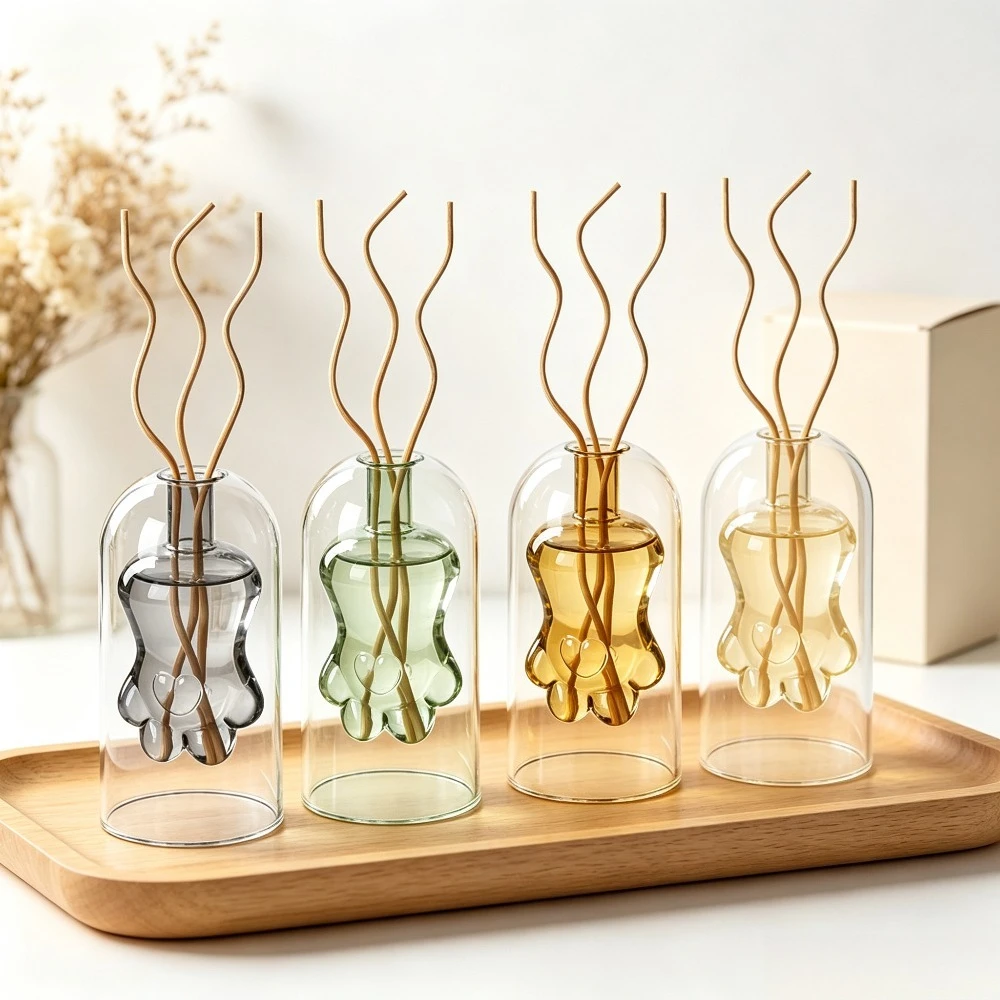 Creative Double Layer Cat Paw Shaped Glass Diffuser Bottle Refillable Scent Container Living Room Tabletop Ornament