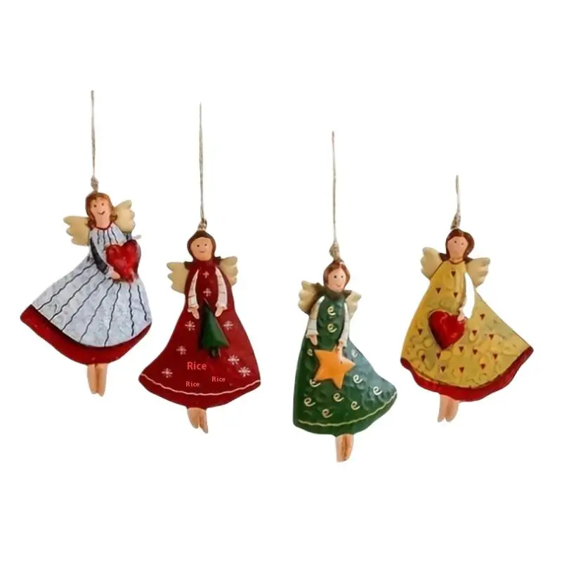 4PCS Vintage Angel Wooden Hanging Decorations Set Fantasy Christmas Tree Ornaments for Home New Year Xmas Gift